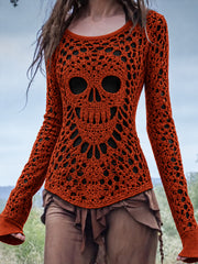 Women's Halloween Skeleton Art Print Round-Neck Long-Sleeve T-Shirt