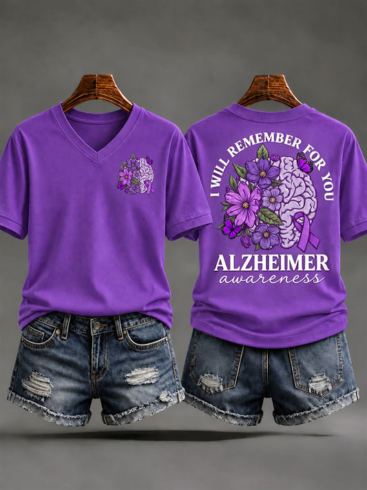 Women's Alzheimer's Awareness Support Print V-Neck Tee