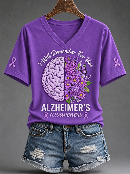 Women's Alzheimer's Awareness Support Print V-Neck Tee