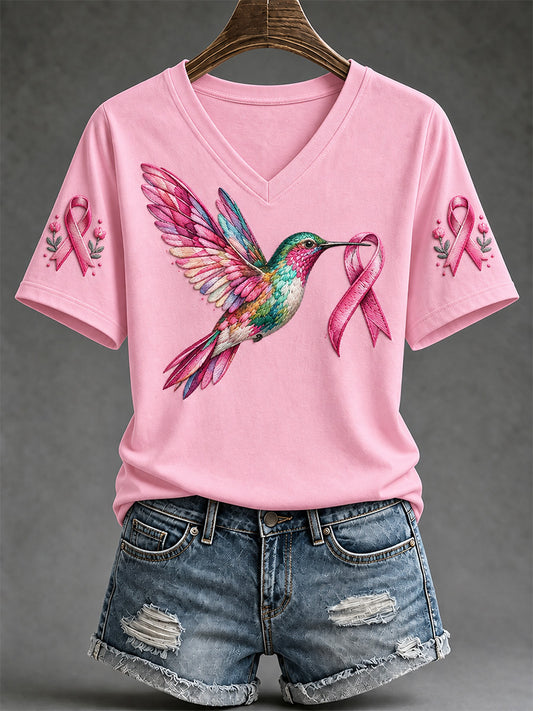 Women's Breast Cancer Awareness Support Print V-Neck Tee
