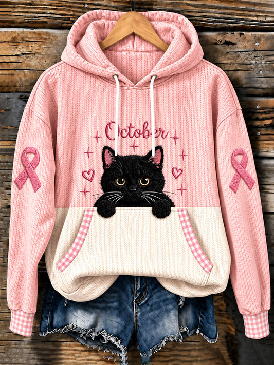 Women's Breast Cancer Black Cat Hoodie