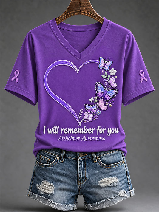 Women's Alzheimer's Awareness Support Print V-Neck Tee
