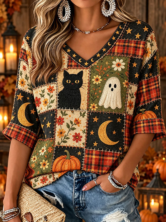 Women's Halloween Ghost and Black Cat Print V-neck T-shirts
