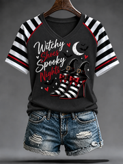 Women's Retro Witch Magic High Heels Graphic Printed V-neck off-shoulder short-sleeved T-shirt