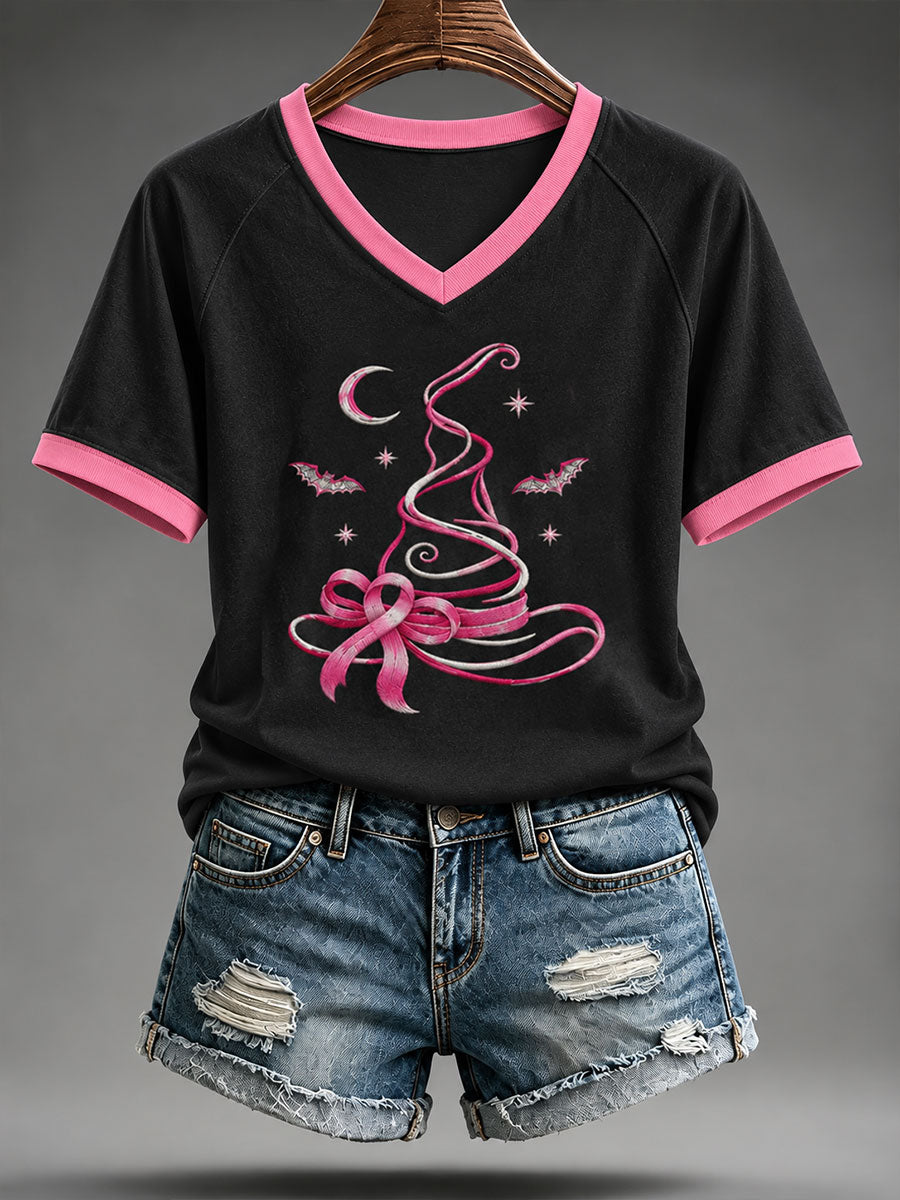Women's Breast Cancer Awareness Witch Hat Print V-neck T-shirt