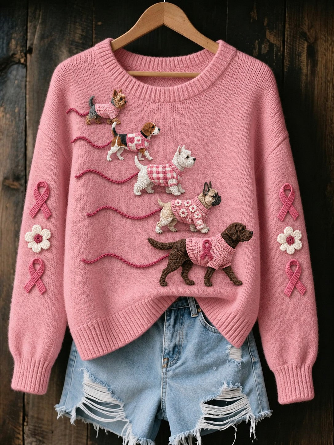 Women's Breast Cancer Dogs Printed Sweater
