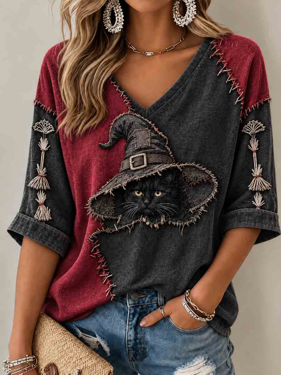 Women's Halloween Witch Black Cat Mid-length Sleeves V-Neck T-Shirt