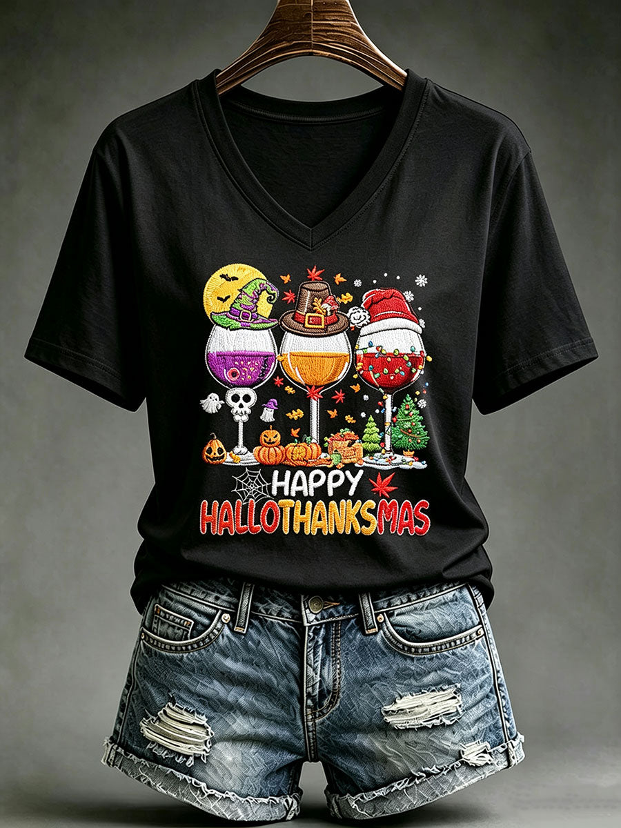 Women's Happy Hallothanksmas Print Short-sleeved T-shirt
