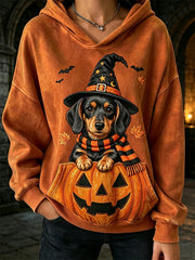Women's Fall Halloween Peeking Dachshund Dog Witch & Pumpkin Print Cozy Hoodie