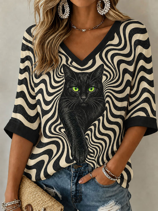 Women's Black Cat Mid-length Sleeves V-Neck T-Shirt