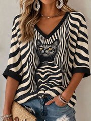 Women's Black Cat Mid-length Sleeves V-Neck T-Shirt