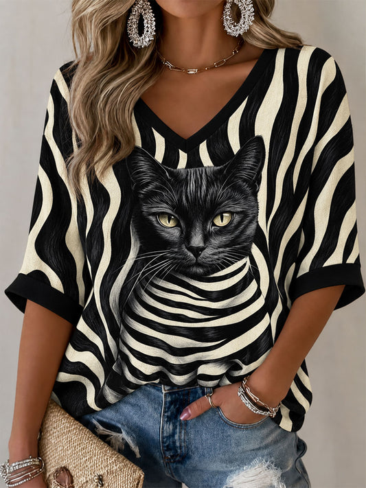 Women's Black Cat Mid-length Sleeves V-Neck T-Shirt