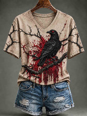 Women's Halloween Red-Eyed Crow Short Sleeve T-shirt