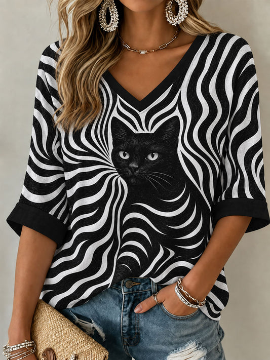 Women's Black Cat Mid-length Sleeves V-Neck T-Shirt