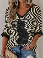 Women's Black Cat Mid-length Sleeves V-Neck T-Shirt