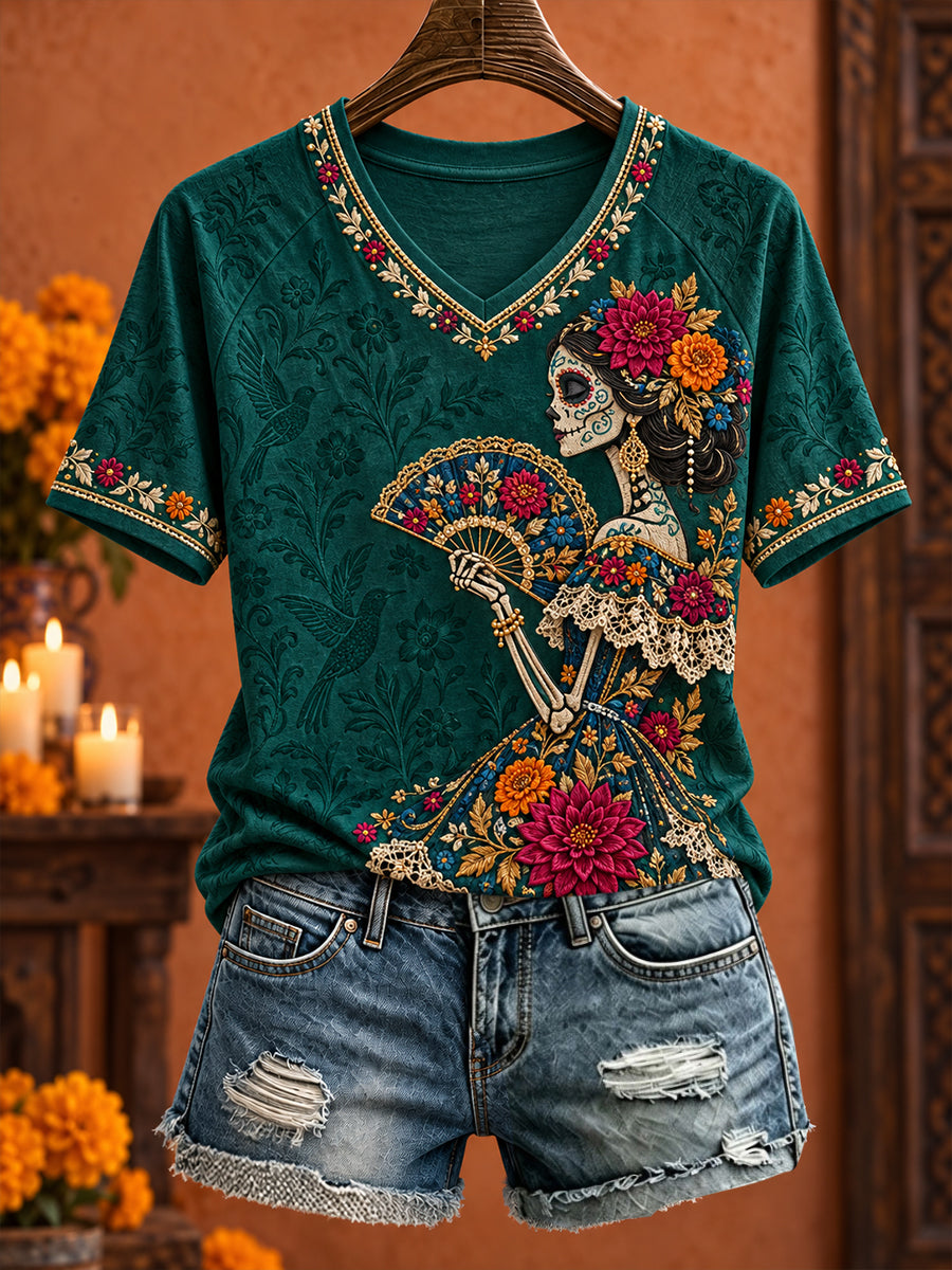 Women's Day of The Dead Floral Art Printed T-shirt