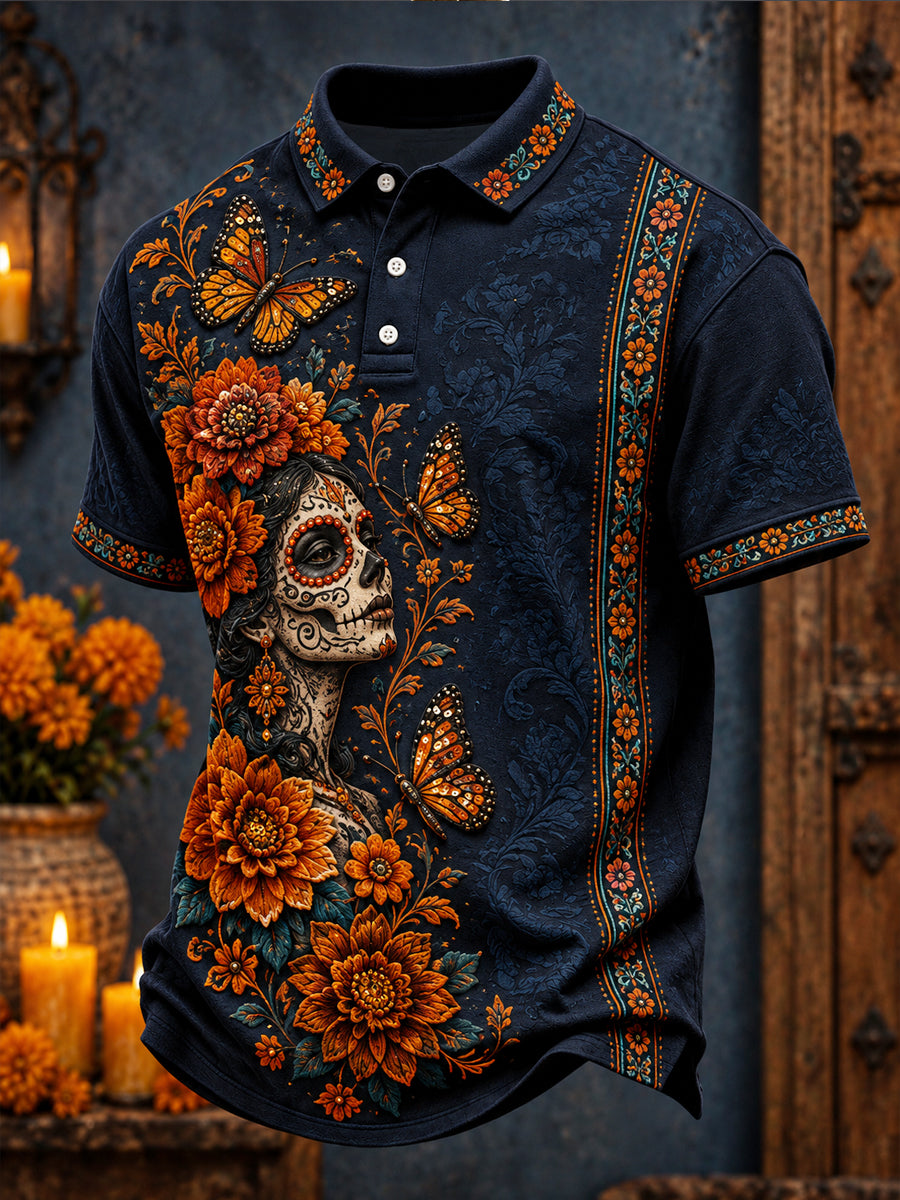 Men's Day of The Dead Floral Art Printed Casual Tops