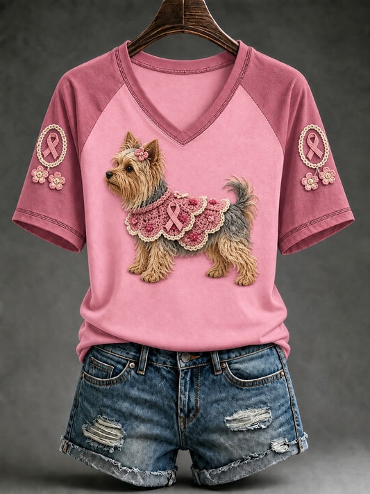 Women's Breast Cancer Dog Pink Printed V-neck T-shirt