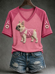 Women's Breast Cancer Dog Pink Printed V-neck T-shirt