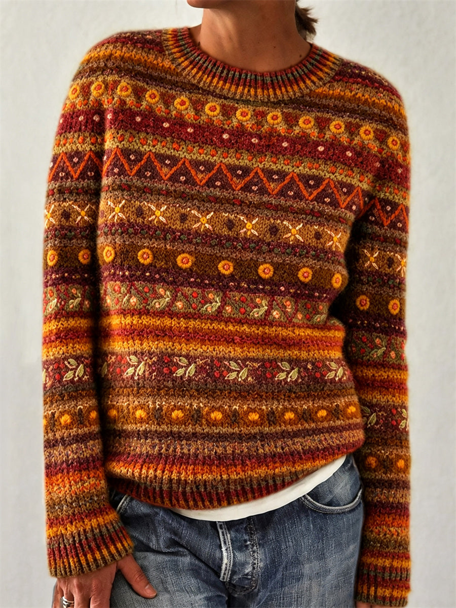 Women's Boho Fall Inspired Isle Pattern Print crew neck sweater