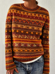 Women's Boho Fall Inspired Isle Pattern Print crew neck sweater