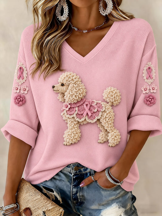 Women's Breast Cancer Dog Printed Mid-length Sleeves V-neck T-shirt