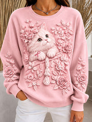 Women's Breast Cancer Cat Ribbed Round-Neck Sweatshirt