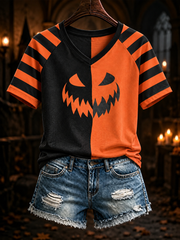 Women's Halloween pumpkin face striped printed V-neck off-shoulder short-sleeved T-shirt