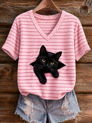 Women's Breast Cancer Black Cat Short-Sleeved T-Shirt