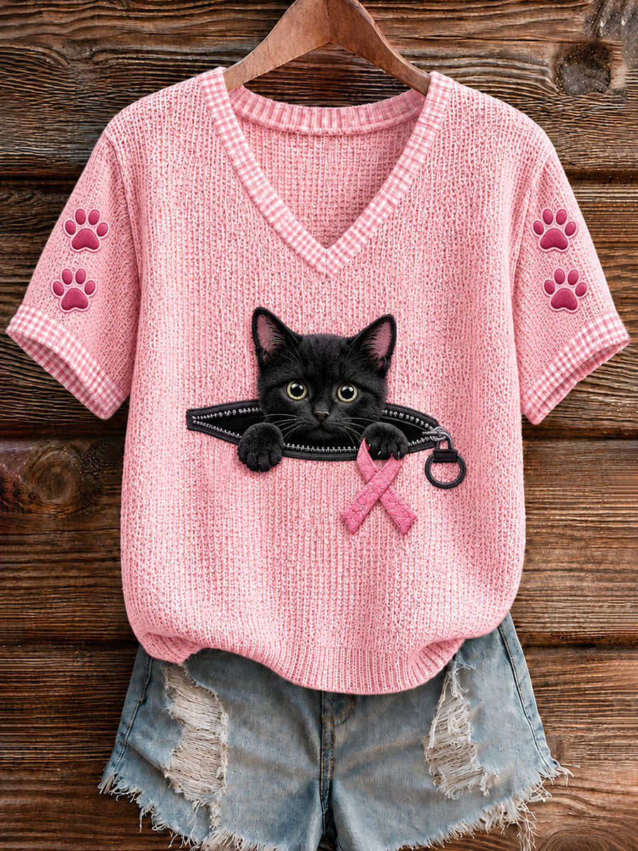 Women's Breast Cancer Black Cat Short-Sleeved T-Shirt
