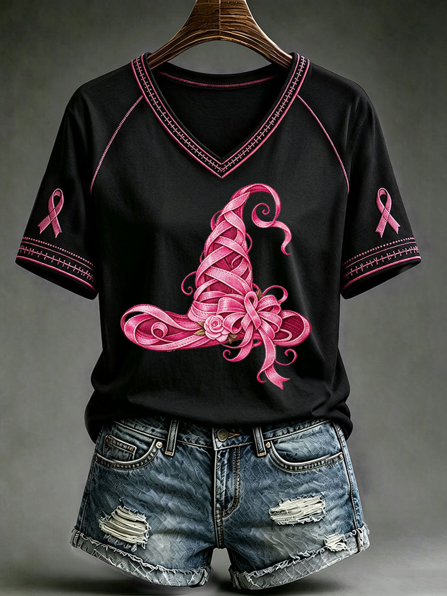 Women's Breast Cancer Awareness Witch Hat V-neck T-shirt