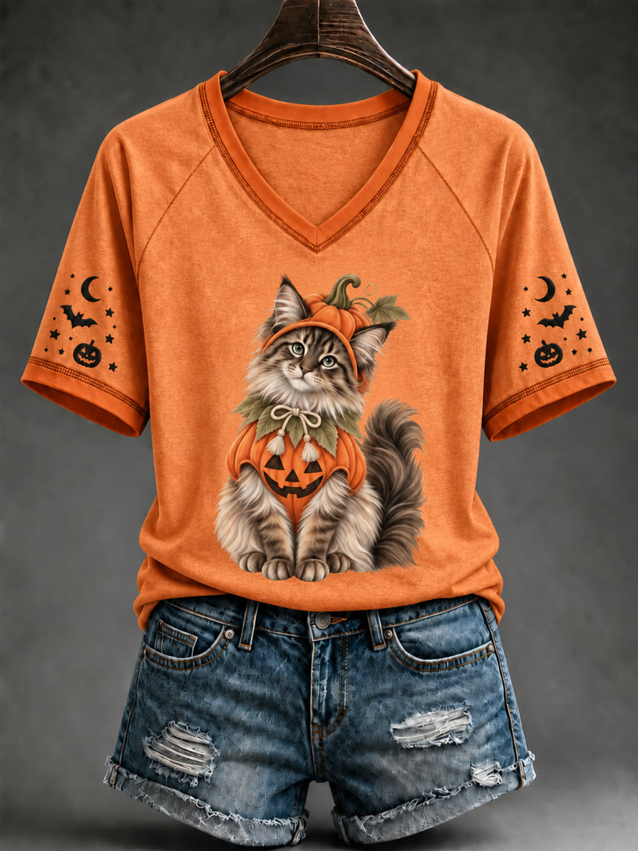Women's Halloween Witch Cat V-neck Short Sleeve T-shirt