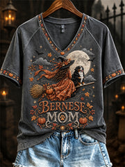 Women's Halloween Fall Bernese Mom Witch & Dog Print short-sleeved T-shirt