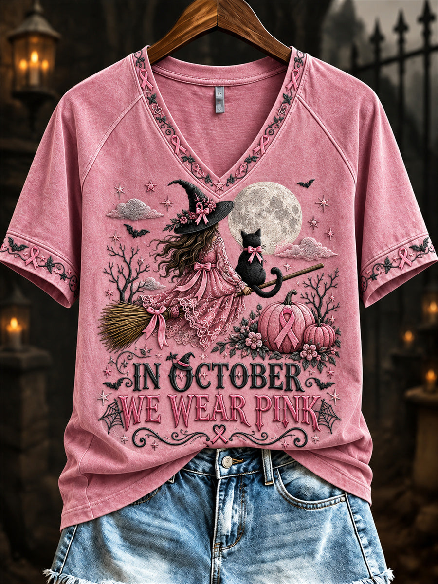 Women's In October We Wear Pink Halloween Pink Witch Print short-sleeved T-shirt