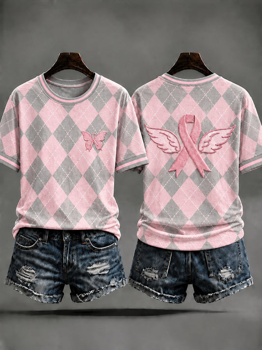 Women's Pink Preppy-Style Argyle Casual T-Shirt