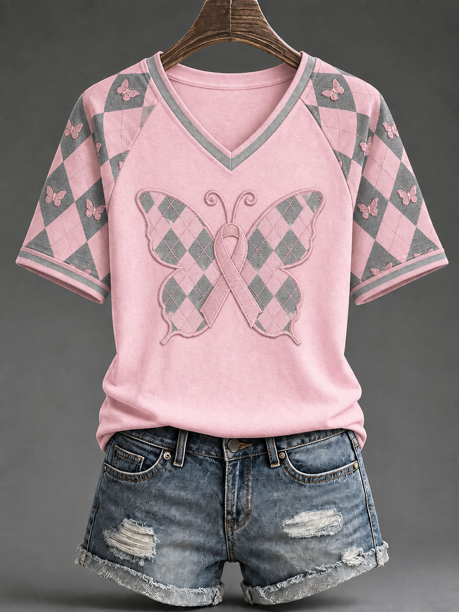 Women's Pink Preppy-Style Argyle Casual T-Shirt