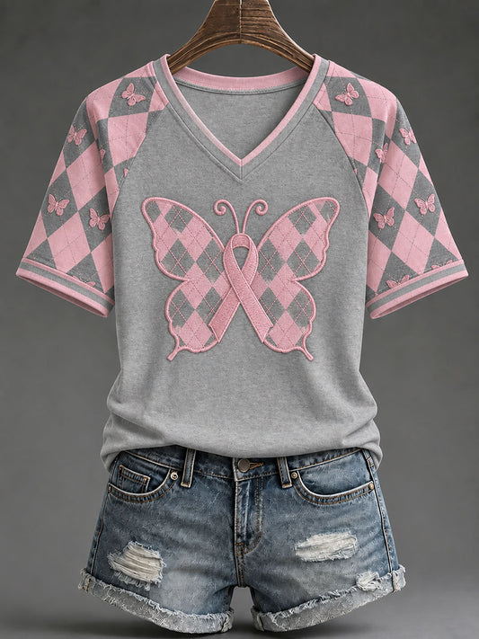 Women's Pink Preppy-Style Argyle Casual T-Shirt