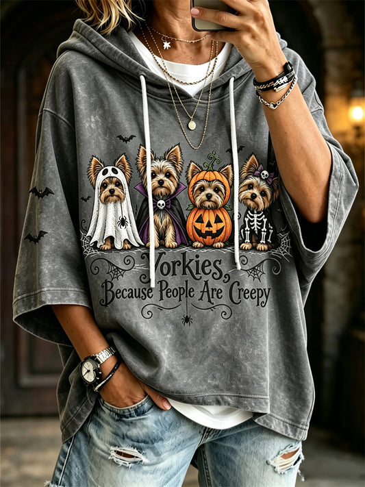 Women's Yorkies Because People Are Creepy Halloween Dogs Print Hoodie