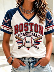 Women's Baseball V-neck Off-shoulder Short-sleeved T-shirt