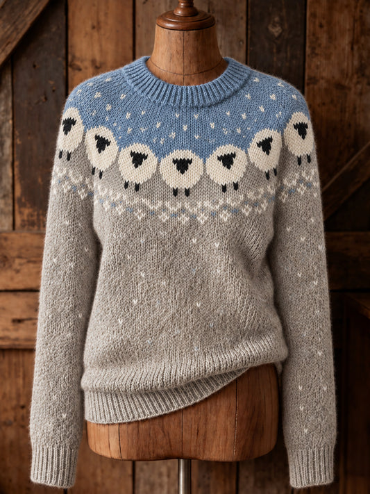 Women's Vintage Farm Sheep Print Cozy Long-sleeved Sweater