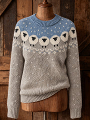 Women's Vintage Farm Sheep Print Cozy Long-sleeved Sweater