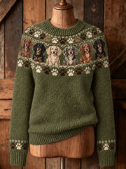 Women's Vintage Cute Dogs & Paws Print Long-sleeved Sweater