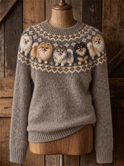 Women's Vintage Lovely Pomeranian Dogs Yoke Isle Print crew neck sweater