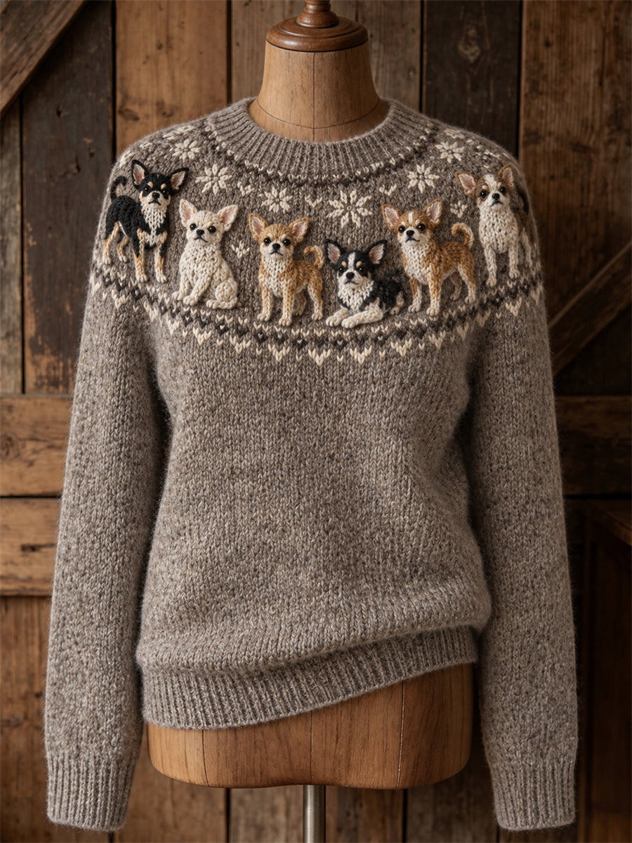 Women's Vintage Lovely Chihuahua Dogs Yoke Isle Print crew neck sweater
