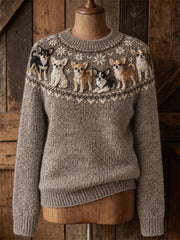 Women's Vintage Lovely Chihuahua Dogs Yoke Isle Print crew neck sweater