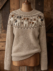 Women's Vintage Lovely Jack Russell Dogs Yoke Isle Print crew neck sweater