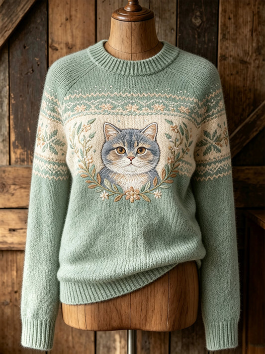 Women's cute cat pattern design casual long-sleeve sweater