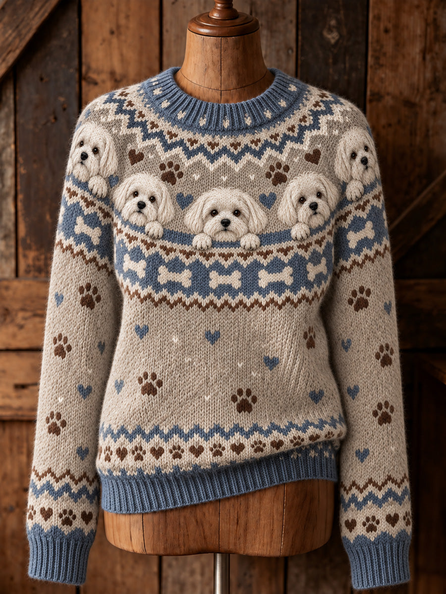 Women's Vintage Cute Dogs & Paws Print Long-sleeved Sweater