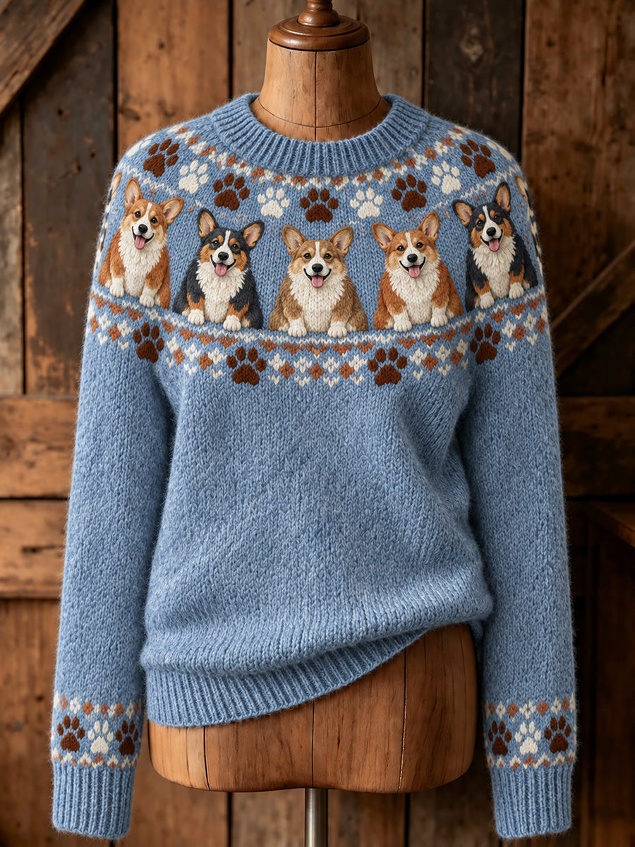 Women's Vintage Cute Dogs & Paws Print Long-sleeved Sweater