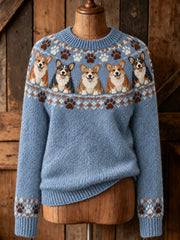 Women's Vintage Cute Dogs & Paws Print Long-sleeved Sweater